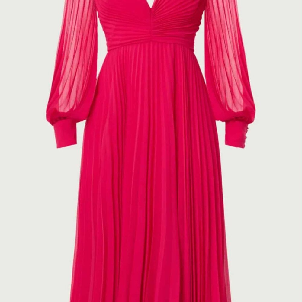 Badgley Mischka Pleated Fuscia Pink Chiffon Gown with V-neck and Long Sleeves